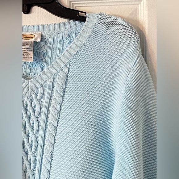 Vintage Talbots Light Blue V-Neck sweater. 100% Heavy Cotton. Cable front & back - Picture 10 of 15